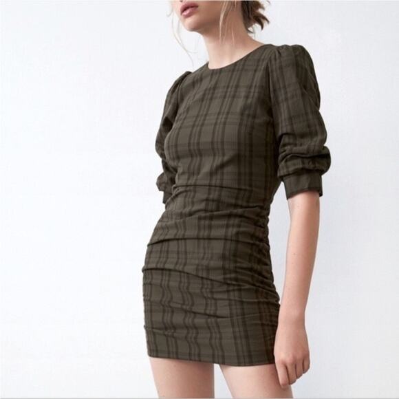 NEW Zara Plaid Ruched Olive Green Mini Dress Puff Sleeves Size S - Picture 1 of 12